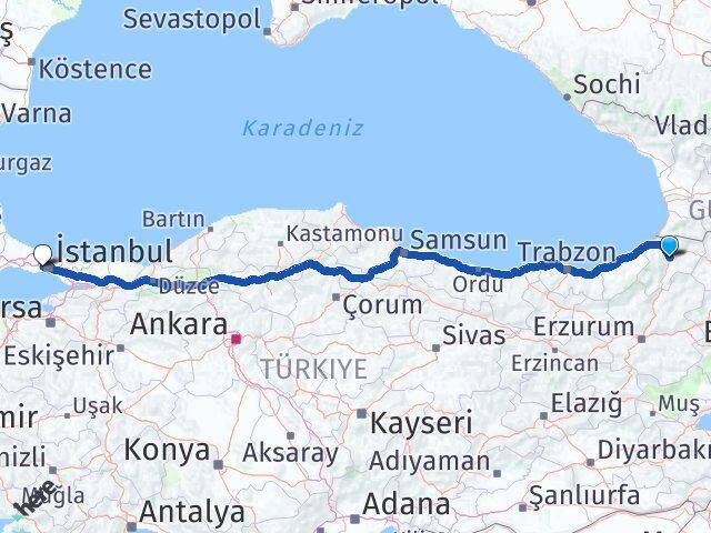 Artvin Bağcılar İstanbul Arası Kaç Km - Yol Haritası