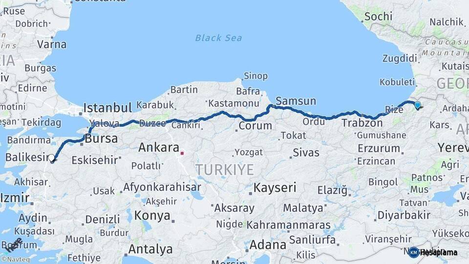 Artvin Balıkesir Arası Kaç Km - Yol Haritası