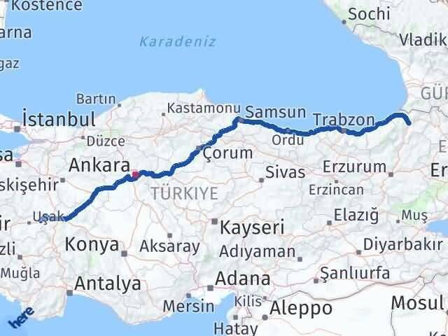 Artvin Banaz Uşak Arası Kaç Km - Yol Haritası