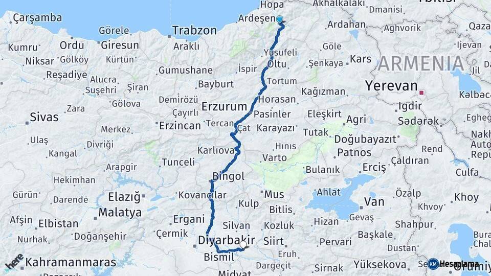 Artvin Batman Arası Kaç Km - Yol Haritası