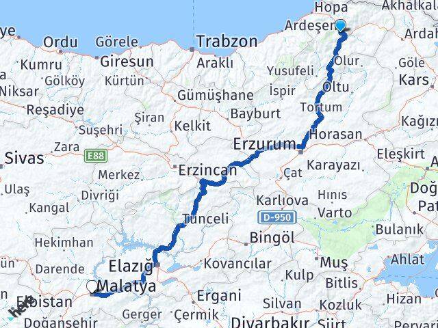 Artvin Battalgazi Malatya Arası Kaç Km - Yol Haritası