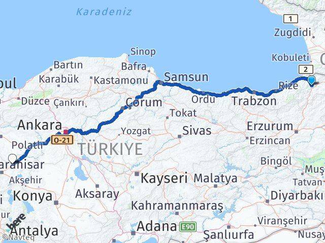 Artvin Bayat Afyonkarahisar Arası Kaç Km - Yol Haritası