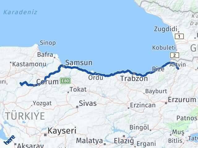 Artvin Bayat Çorum Arası Kaç Km - Yol Haritası