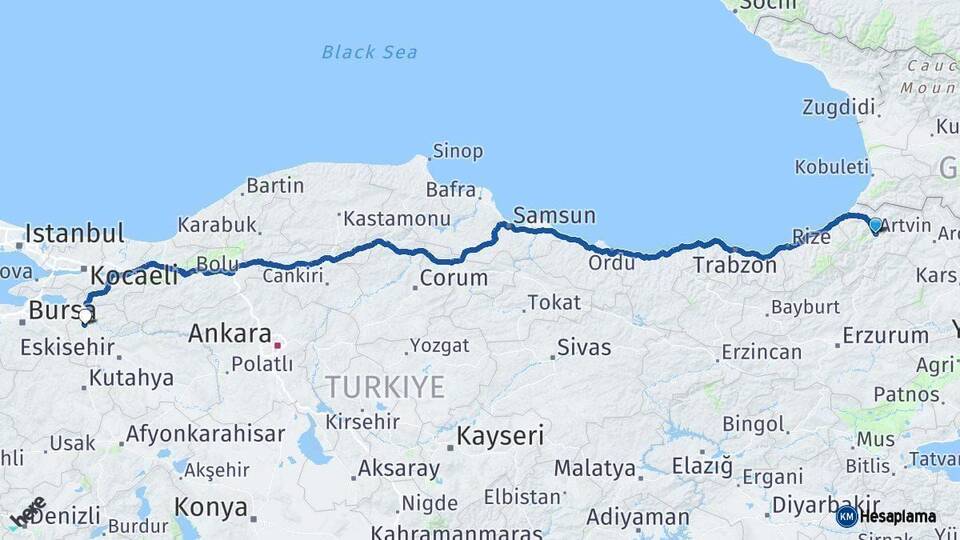 Artvin Bilecik Arası Kaç Km - Yol Haritası