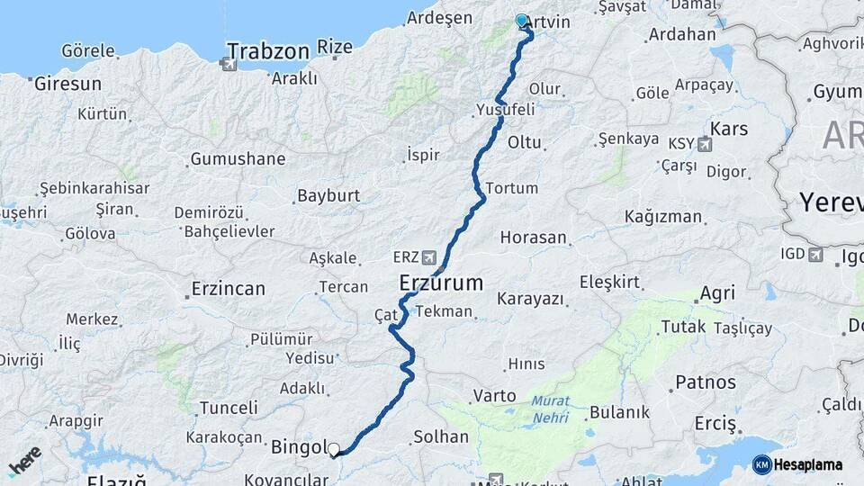 Artvin Bingöl Arası Kaç Km - Yol Haritası