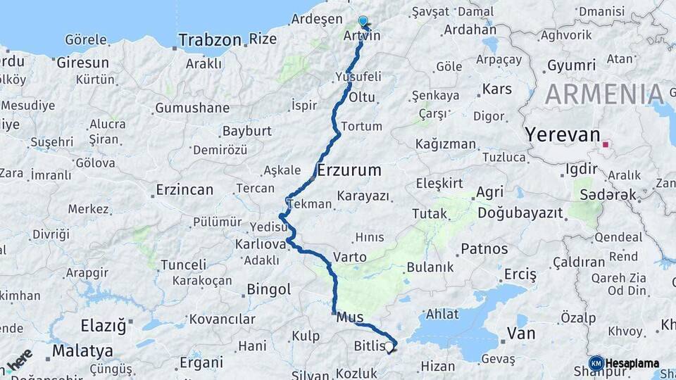 Artvin Bitlis Arası Kaç Km - Yol Haritası
