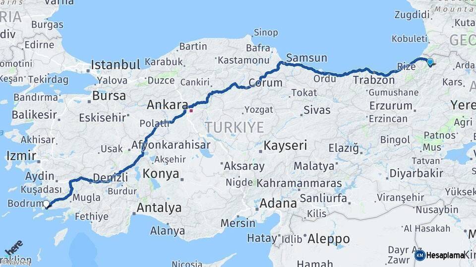 Artvin Bodrum Muğla Arası Kaç Km - Yol Haritası