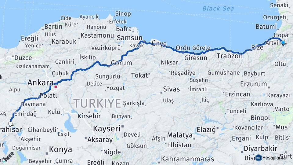 Artvin Bolvadin Afyonkarahisar Arası Kaç Km - Yol Haritası