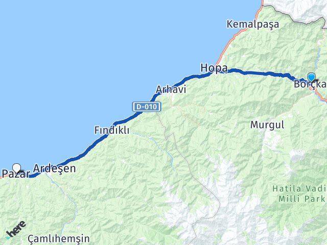 Artvin Borçka Pazar Rize Arası Kaç Km - Yol Haritası
