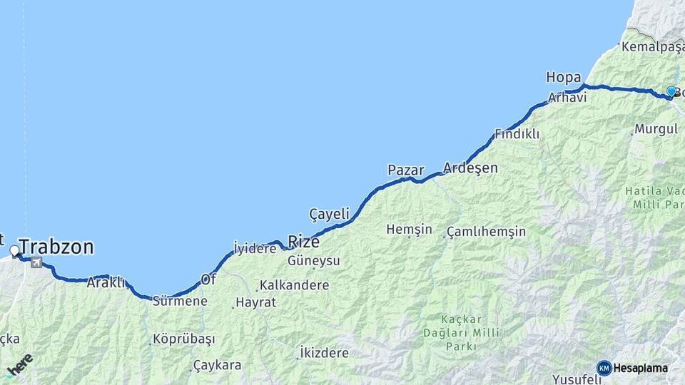 Artvin Borçka Trabzon Arası Kaç Km - Yol Haritası