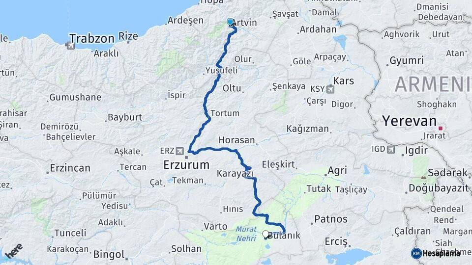 Artvin Bulanık Muş Arası Kaç Km - Yol Haritası