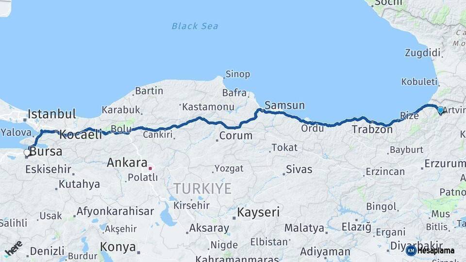 Artvin Bursa Arası Kaç Km - Yol Haritası