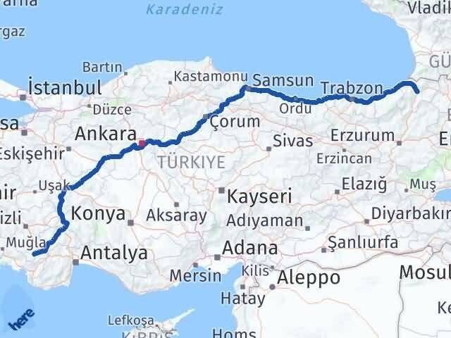 Artvin Çameli Denizli Arası Kaç Km - Yol Haritası