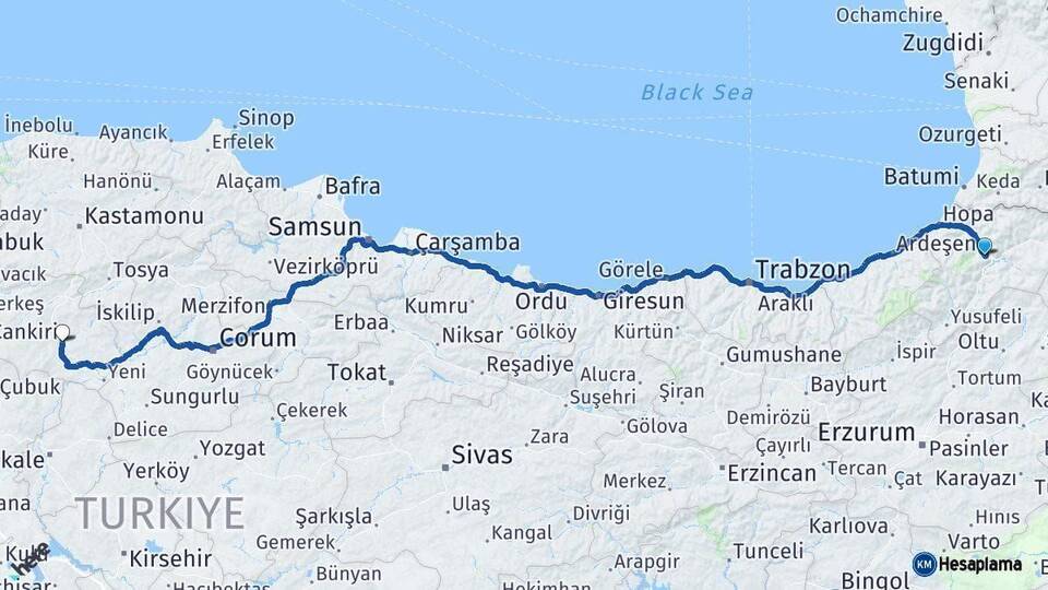 Artvin Çankırı Arası Kaç Km - Yol Haritası