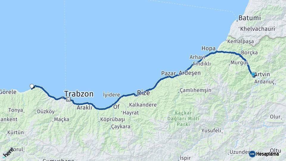 Artvin Çarşıbaşı Arası Kaç Km - Yol Tarifi