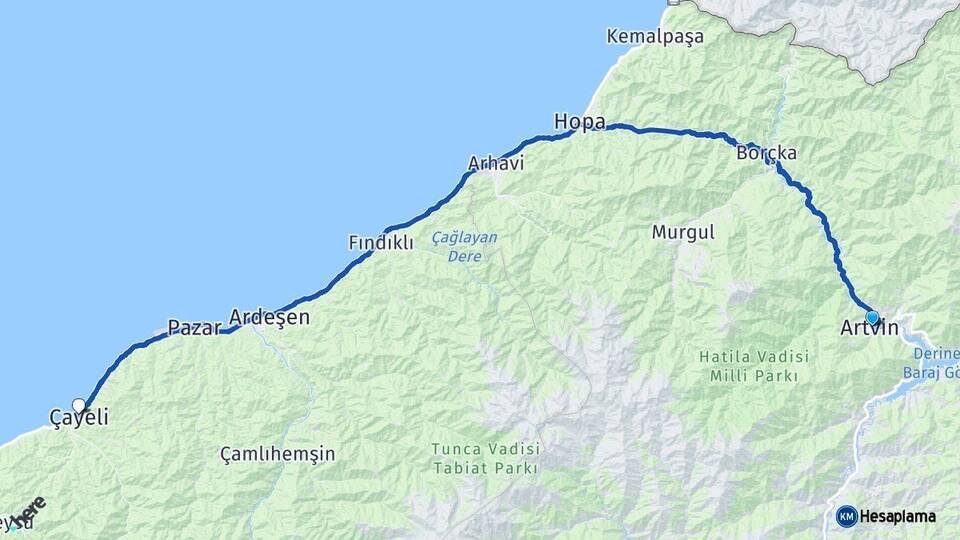 Artvin Çayeli Rize Arası Kaç Km - Yol Haritası