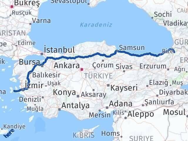 Artvin Çeşme İzmir Arası Kaç Km - Yol Haritası