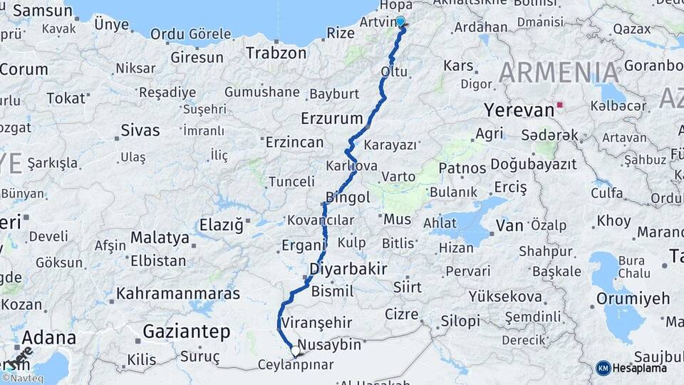 Artvin Ceylanpınar Şanlıurfa Arası Kaç Km - Yol Haritası