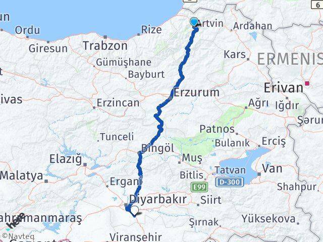Artvin Çınar Diyarbakır Arası Kaç Km - Yol Haritası