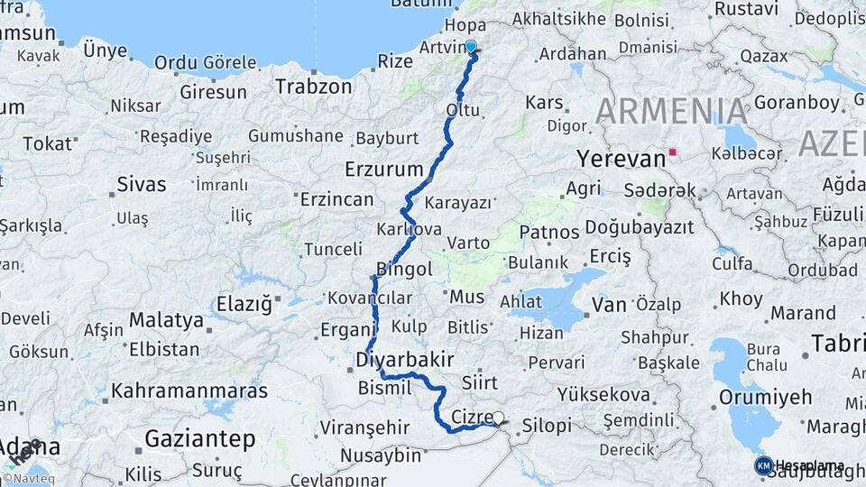 Artvin Cizre Şırnak Arası Kaç Km - Yol Haritası
