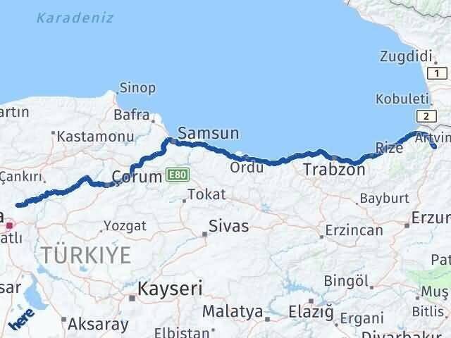 Artvin Çubuk Ankara Arası Kaç Km - Yol Haritası