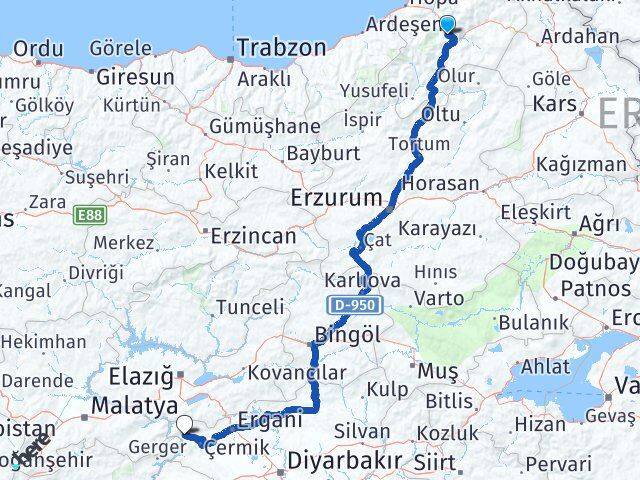 Artvin Çüngüş Diyarbakır Arası Kaç Km - Yol Haritası
