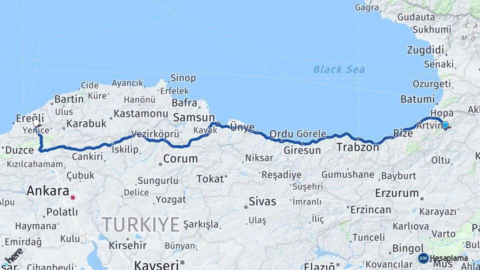 Artvin Devrek Zonguldak Arası Kaç Km - Yol Haritası
