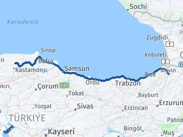 Artvin Devrekani Kastamonu Arası Kaç Km - Yol Haritası