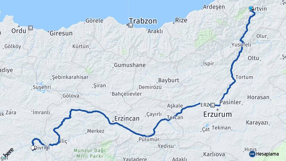 Artvin Divriği Sivas Arası Kaç Km - Yol Haritası