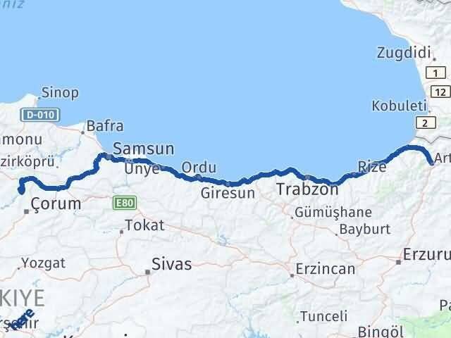 Artvin Dodurga Çorum Arası Kaç Km - Yol Haritası