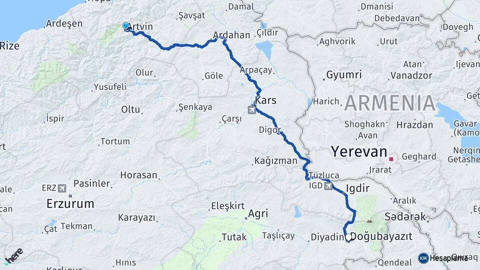 Artvin Doğubayazıt Ağrı Arası Kaç Km - Yol Haritası