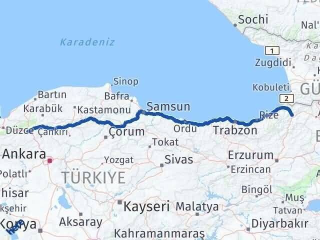 Artvin Dörtdivan Bolu Arası Kaç Km - Yol Haritası