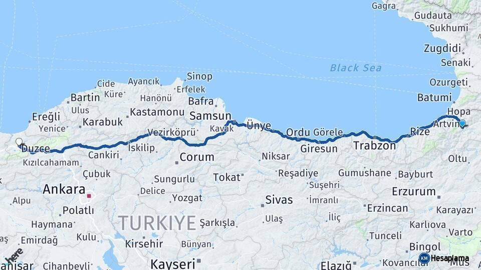 Artvin Düzce Arası Kaç Km - Yol Haritası