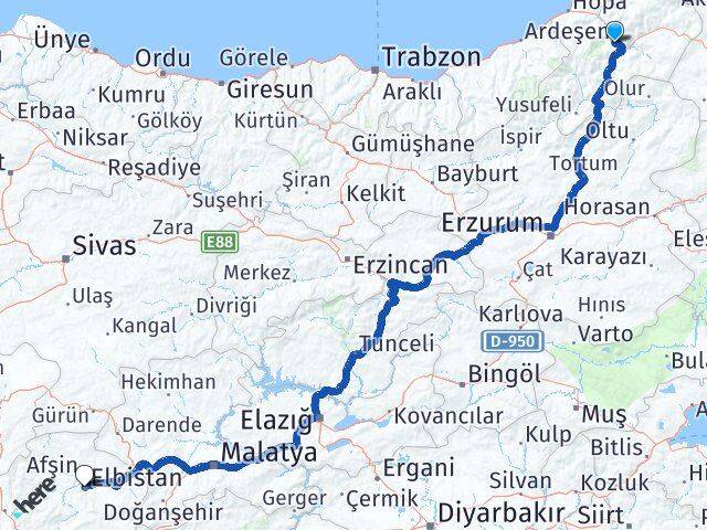 Artvin Elbistan Kahramanmaraş Arası Kaç Km - Yol Haritası