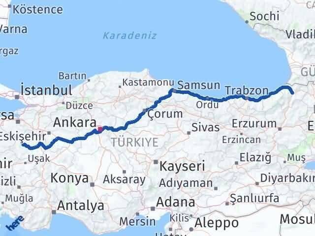 Artvin Emet Kütahya Arası Kaç Km - Yol Haritası
