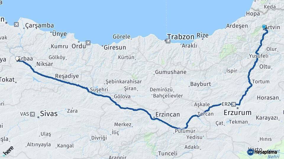 Artvin Erbaa Tokat Arası Kaç Km - Yol Haritası