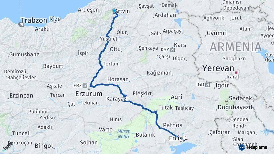 Artvin Erciş Van Arası Kaç Km - Yol Haritası