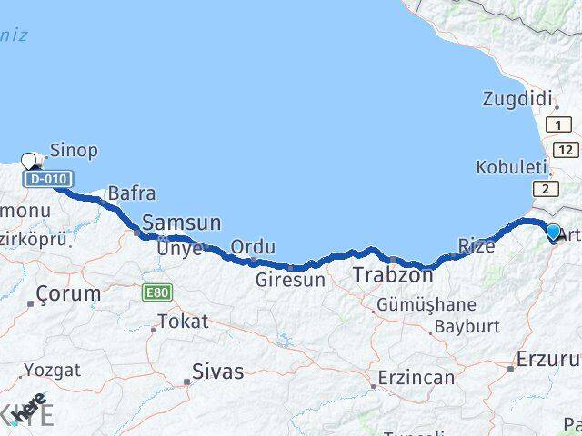 Artvin Erfelek Sinop Arası Kaç Km - Yol Haritası