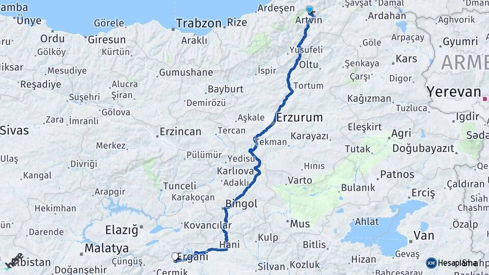 Artvin Ergani Diyarbakır Arası Kaç Km - Yol Haritası