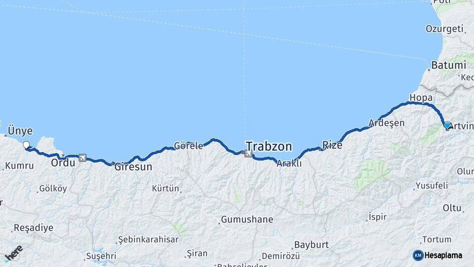 Artvin Fatsa Ordu Arası Kaç Km - Yol Haritası