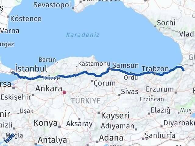 Artvin Gaziosmanpaşa İstanbul Arası Kaç Km - Yol Haritası