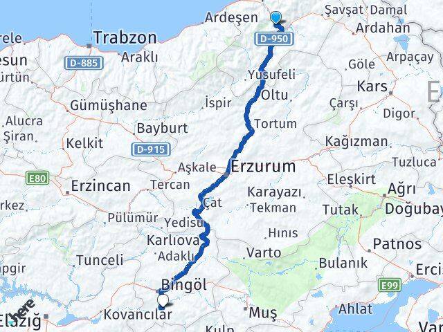 Artvin Genç Bingöl Arası Kaç Km - Yol Haritası