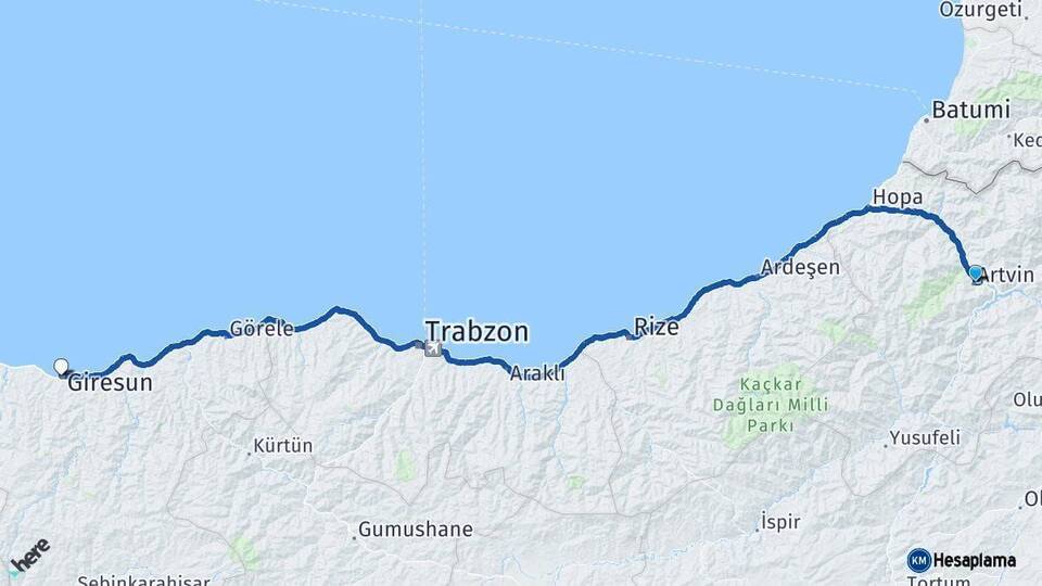 Artvin Giresun Arası Kaç Km - Yol Haritası