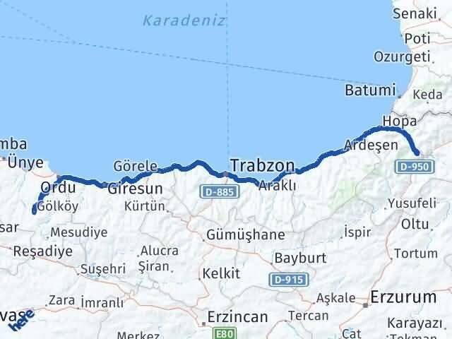 Artvin Gölköy Ordu Arası Kaç Km - Yol Haritası