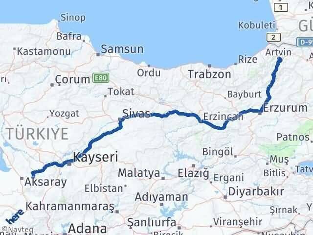 Artvin Gülağaç Aksaray Arası Kaç Km - Yol Haritası