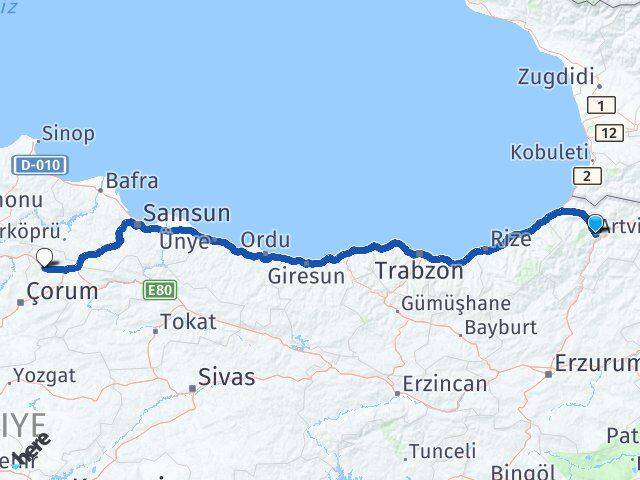 Artvin Gümüşhacıköy Amasya Arası Kaç Km - Yol Haritası
