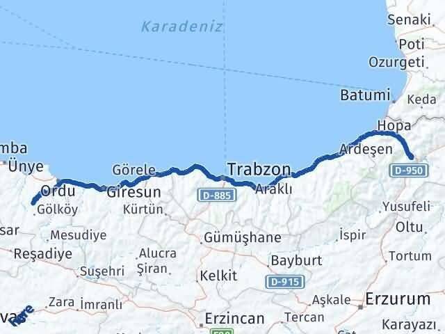 Artvin Gürgentepe Ordu Arası Kaç Km - Yol Haritası