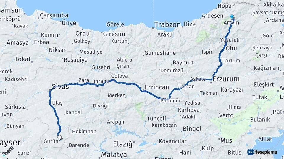 Artvin Gürün Sivas Arası Kaç Km - Yol Haritası