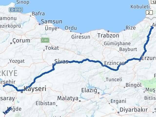 Artvin Hacıbektaş Nevşehir Arası Kaç Km - Yol Haritası