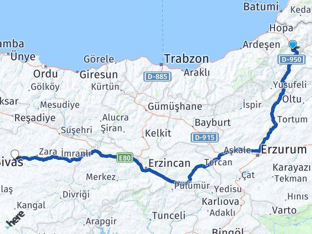 Artvin Hafik Sivas Arası Kaç Km - Yol Haritası